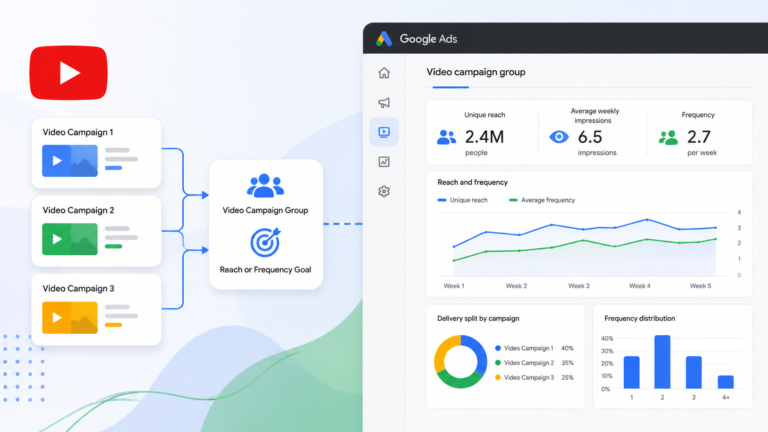 Google Ads dashboard showing the new Video Campaign Groups feature for YouTube reach and frequency advertising campaigns.