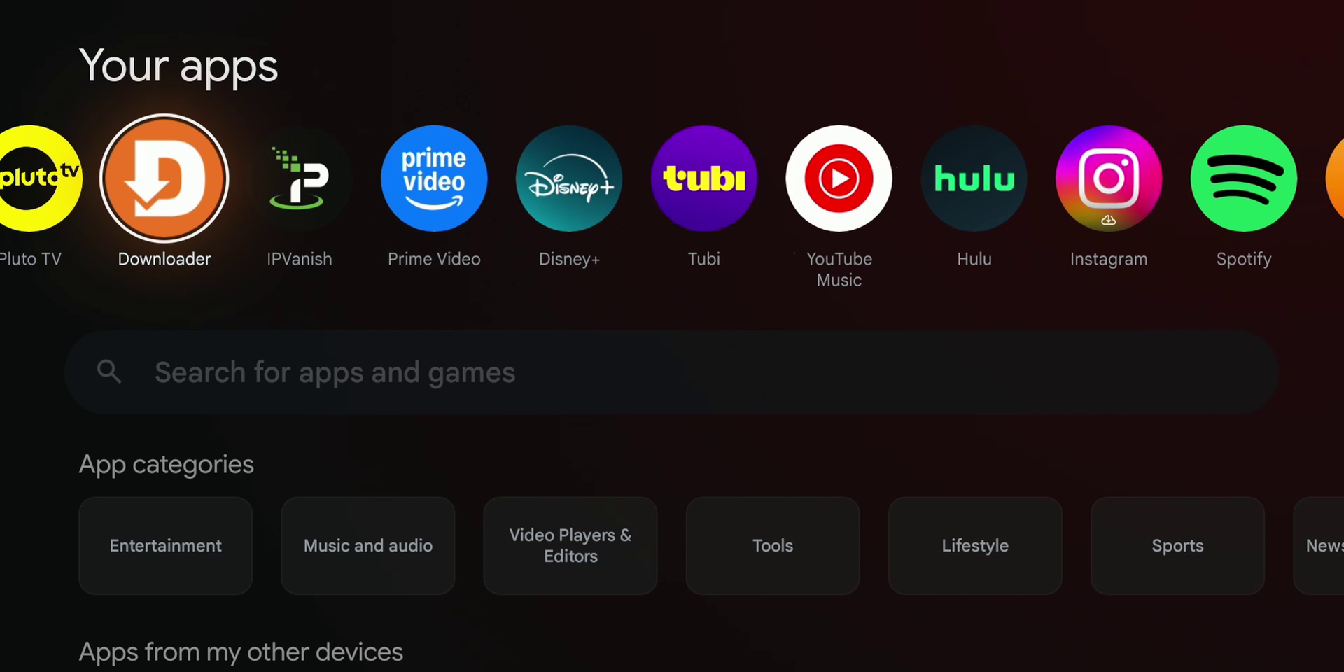Screenshot of the Downloader app home screen on an ONN 4K Pro Google TV streaming device